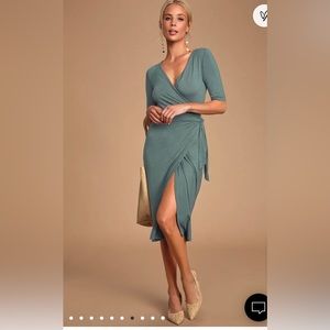 Lulus - Forget Me Knot Slate Blue Midi Wrap Dress- XS